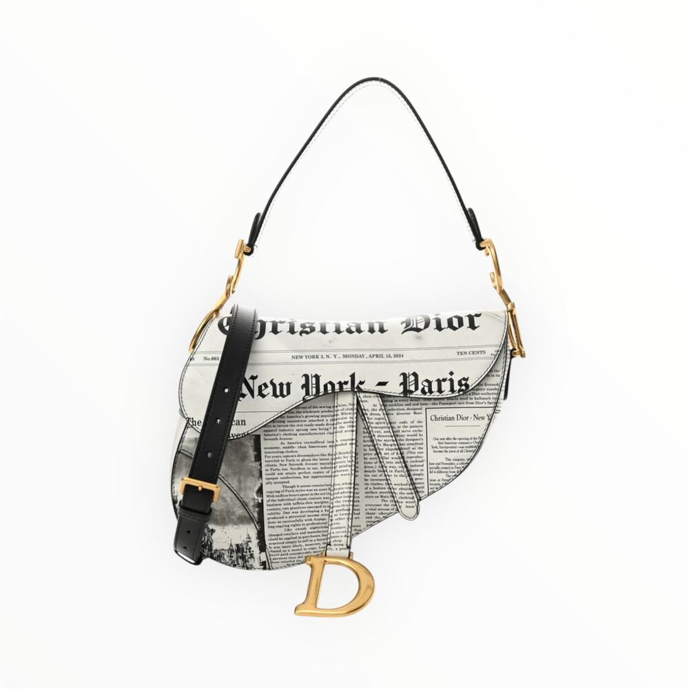CHRISTIAN DIOR Calfskin Newspaper Printed Saddle Bag With Strap Black White
